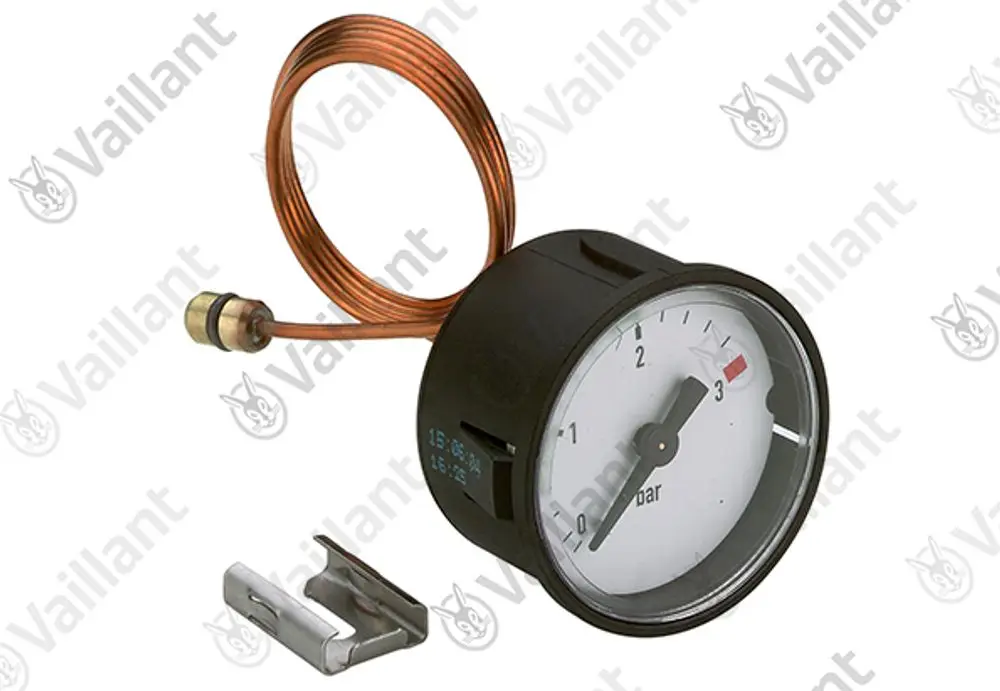 Vaillant Manometer mit einer abgerundeten Anzeige, einem Kupferrohr und einem Anschluss. Die Skala reicht bis 3 bar. Darstellung zur Messung von Druckwerten.